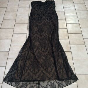 Marchesa Notte Black Embellished Lace Overlay Strapless Evening Gown
